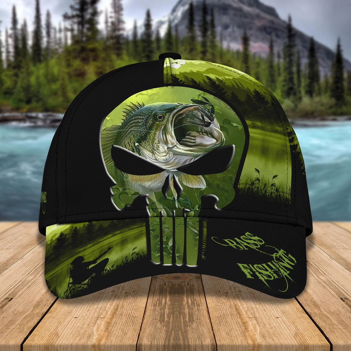 Bass Fishing - Skull - Personalized Name Cap 20 FISH0048