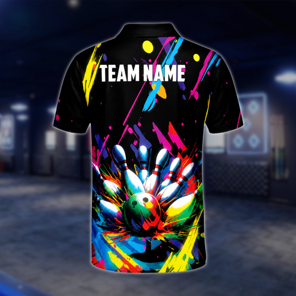 Customized Graffiti Colorful Polo Bowling Team Shirts For Men, Custom Team Bowling Shirts BL0004 BOW0489
