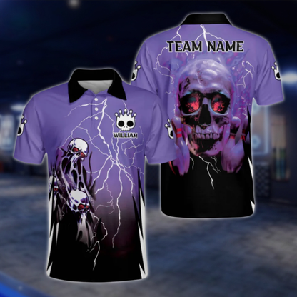Custom Skull Men's Red Black Polo Bowling Team Shirts, Custom Skull Bowling Shirt BZ0158 BOW0500