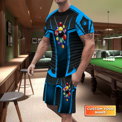 Blue Billiard Balls Custom Name 3D Short Sleeve T-Shirt Men's Board Shorts ORN0260