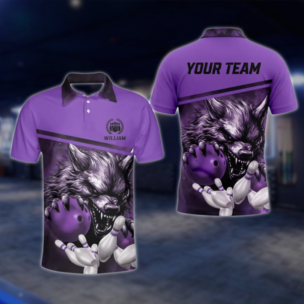Wolf Custom Mens Blue Bowling Polo Shirt, Custom Wolf Bowling Team Shirts BZ0138 BOW0289