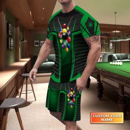 Green Billiard Balls Custom Name 3D Short Sleeve T-Shirt Men's Board Shorts ORN0278
