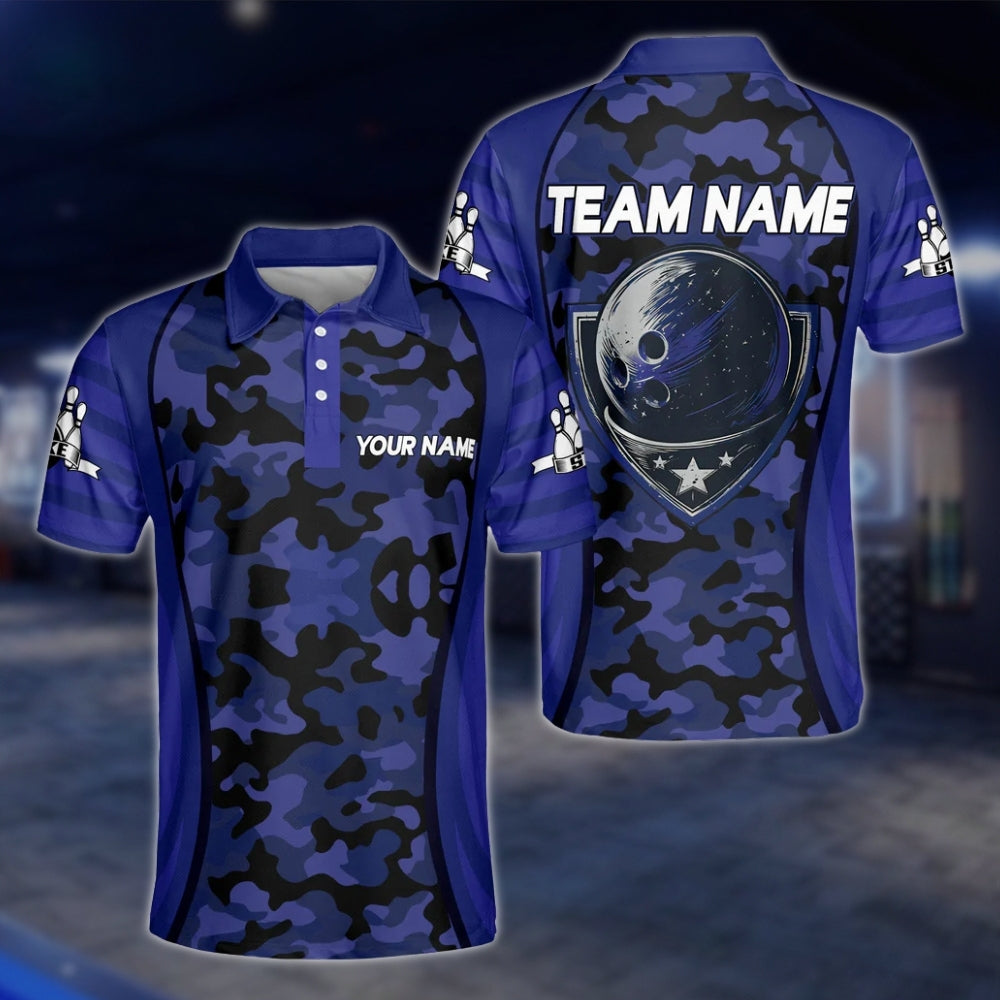 Custom Camo Purple Black Bowling Polo Shirt, Custom Camo Bowling Team Shirts BM0309 BOW0203