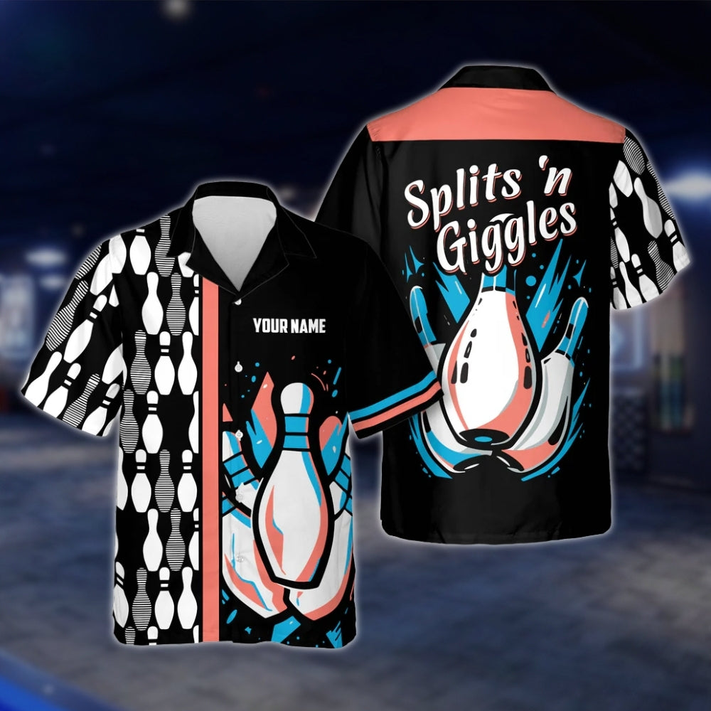 Splits'n Giggles Custom Name Black Purple Bowling Hawaiian Shirt, Custom Funny Bowling Shirts BE0030 BOW0357
