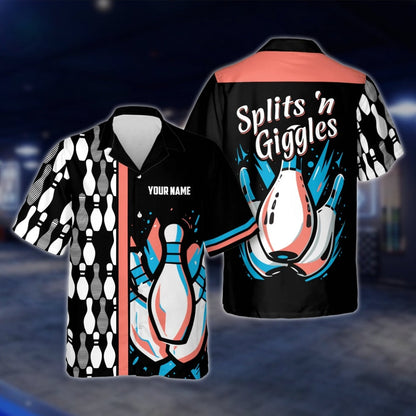 Splits'n Giggles Custom Name Black Purple Bowling Hawaiian Shirt, Custom Funny Bowling Shirts BE0030 BOW0357
