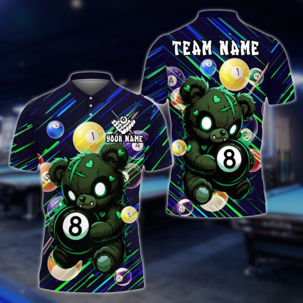 Custom Teddy Bear 8 Ball Billiard Polo Shirt For Men, Custom Bear Billiard Team Shirts BLD0248