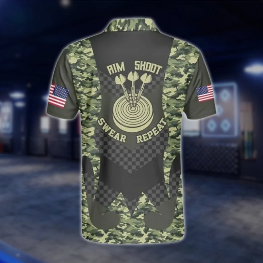 Aim Shoot Swear Repeat Personalized Camo Dart Mens Polo Shirt, Custom Funny Dart Shirts DAT0356
