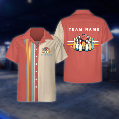 Personalized Retro Black Beige Bowling Hawaiian Shirt, Custom Retro Team Bowling Shirt BE0251 BOW0031