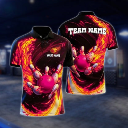 Custom Fire Ball Bowling Mens Polo Shirt, Custom Flame Bowling Shirts For Team BZ0331 BOW0389