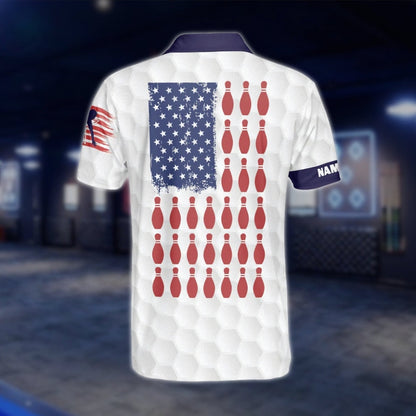 USA Flag Custom Mens White Bowling Polo Shirt, Custom Name Patriotic Bowling Shirt With Name BZ0148 BOW0226