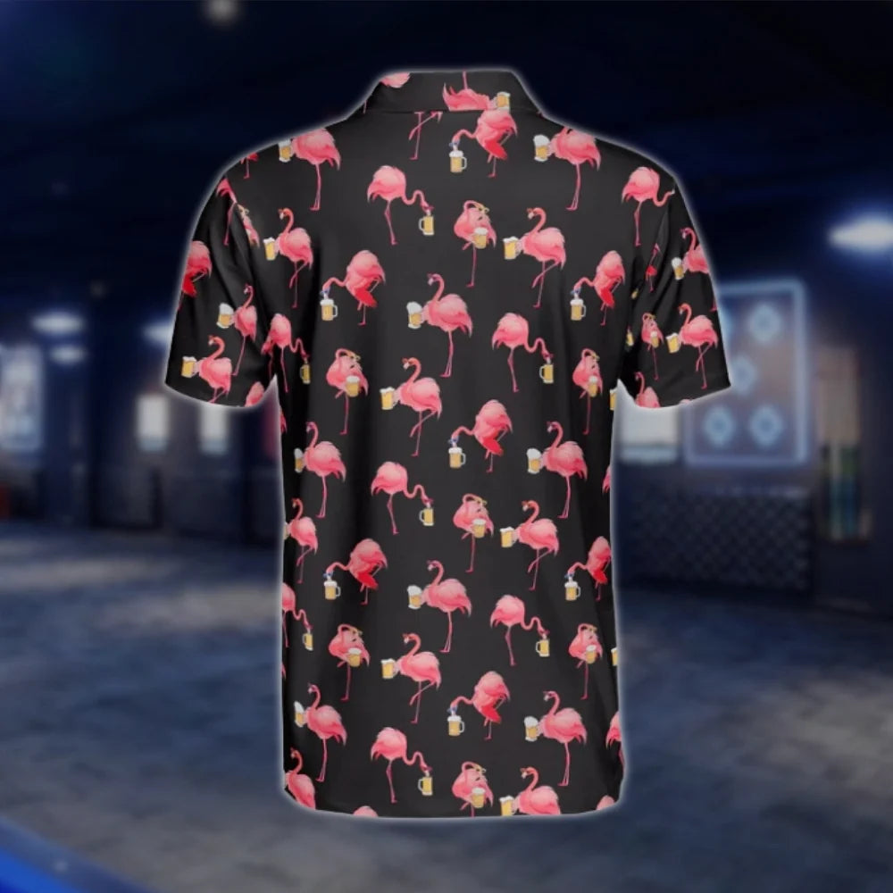 Flamingo And Beer Men's Black Pink Golf Polo Shirt, Flamingo Golf Shirts GOF0167