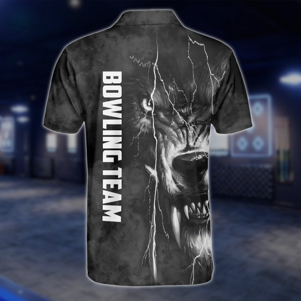 Custom Mens Wolf Black Bowling Polo Shirt, Custom Wolf Bowling Team Shirts BZ0260 BOW0225