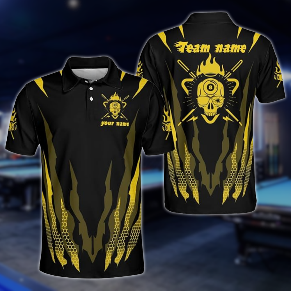 Red And Black Custom Grunge Skull Billiard Polo Shirts For Men, Custom Skull Billiard Team Shirts BLD0225