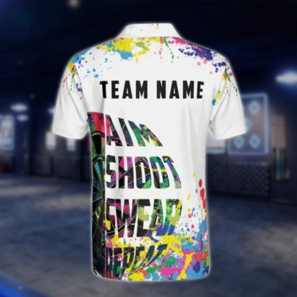 Aim Shoot Swear Repeat Personalized Colorful Dart Polo Shirt For Men, Custom Funny Darts Team Shirts DAT0392