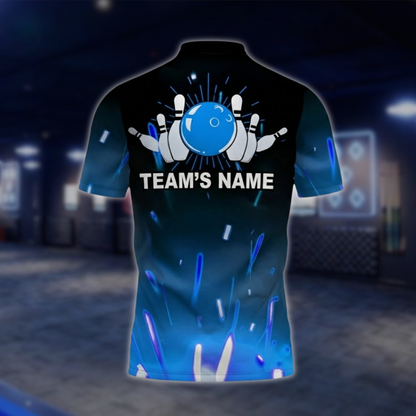 Personalized Blue Lightning Mens Bowling Team Polo Shirt, Custom Bowling Shirt Black Blue BZ0750 BOW0169