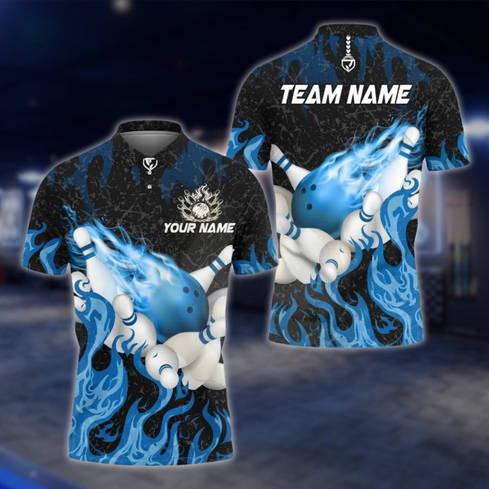 Personalized Flaming Cyan Bowling Polo Shirt, Custom Flame Team Bowling Shirts BZ0745 BOW0174