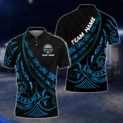 Tribal Black And Cyan Custom Bowling Polo Shirt For Mens, Custom Tribal Bowling Team Shirts BO0201 BOW0441
