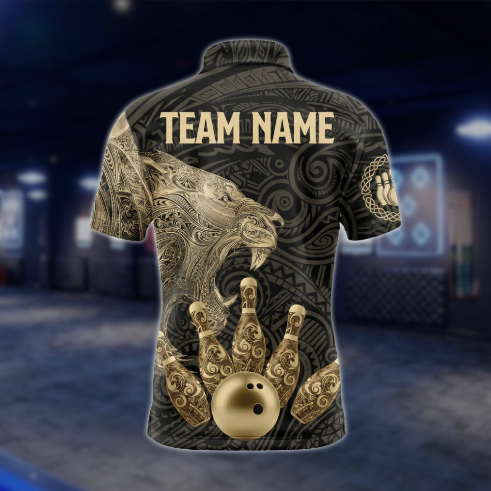 Lion Tribal Custom Black Gold Bowling Mens Polo Shirt, Custom Lion Team Bowling Shirts BZ0491 BOW0285