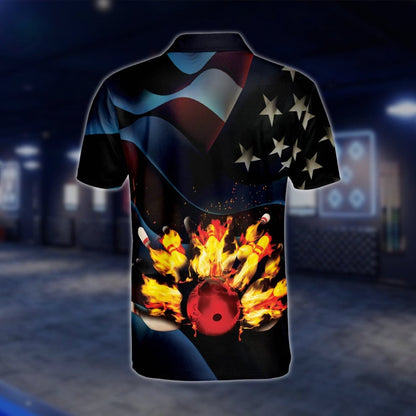 Custom USA Flag Flame Bowling Polo Shirt For Mens, Custom Name Patriotic Bowling Shirts BO0085 BOW0189