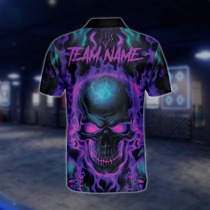 Purple Flame Skull Custom Team Mens Bowling Polo Shirts, Custom Skull Bowling Shirt BM0315 BOW0428