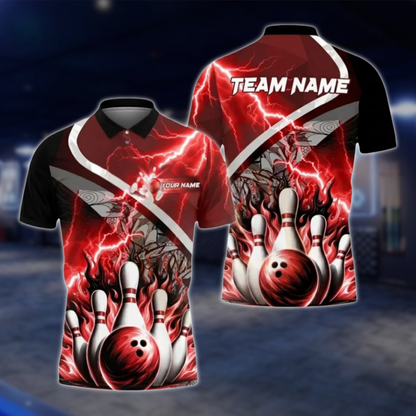 Personalized Blue Flame Thunder Bowling Polo Shirt Men, Custom Flame Bowling Shirt Team BZ0804 BOW0103