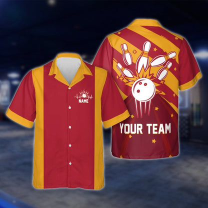 Custom Retro Red Blue Bowling Hawaiian Shirt For Men Women, Custom Team Retro Bowling Shirts BE0022 BOW0345