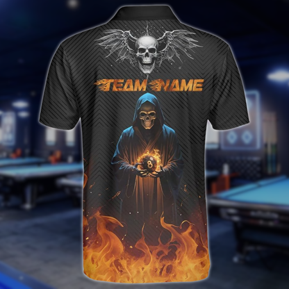 Custom Skull Flame 8 Ball Billiard Team Polo Shirts For Men, Custom Skull Billiard Shirts BLD0296