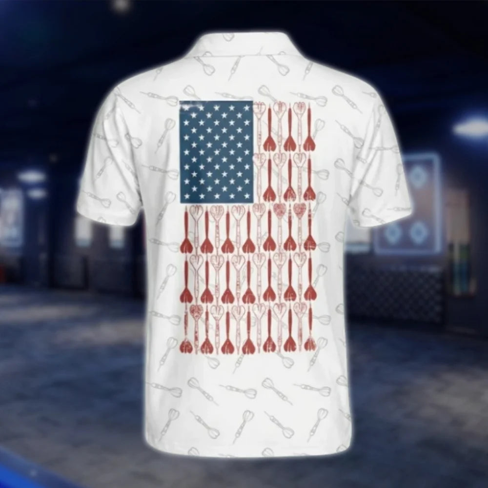 Personalized Grunge American Flag White Men's Dart Polo Shirt, Custom Patriot Dart Shirts DAT0242