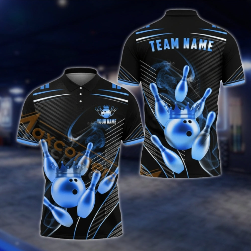 Golden Pins And Ball Custom Team Bowling Polo Shirt For Men, Custom Black Gold Bowling Team Shirts BA0007 BOW0479