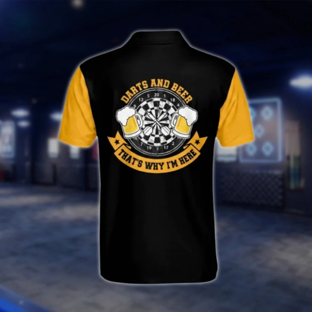 Darts And Beer That's Why I'm Here Personalized Black Yellow Dart Mens Polo Shirt, Custom Beer Dart Shirts DAT0249