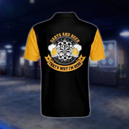 Darts And Beer That's Why I'm Here Personalized Black Yellow Dart Mens Polo Shirt, Custom Beer Dart Shirts DAT0249