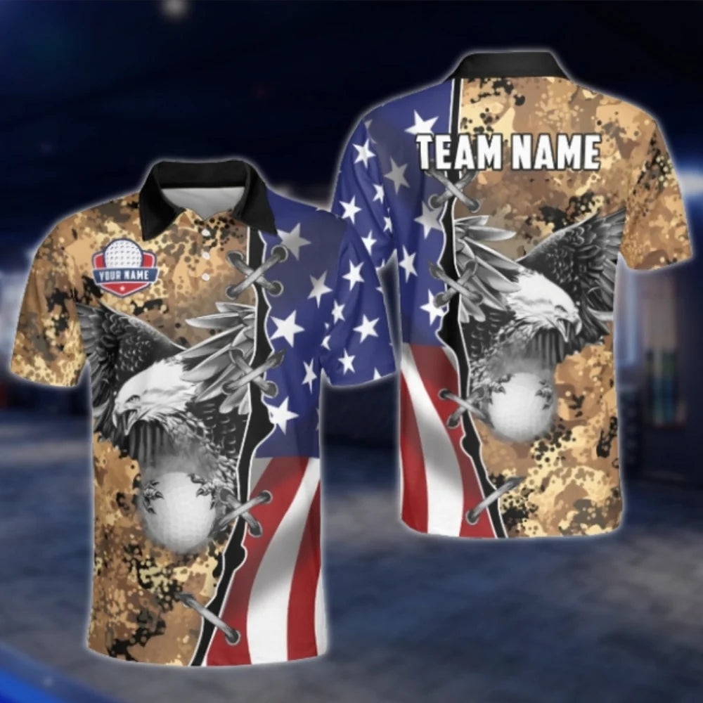 Personalized Eagle American Flag Men's Golf Polo Shirt, Custom Team Eagle Patriotic Golf Shirt GOF0123