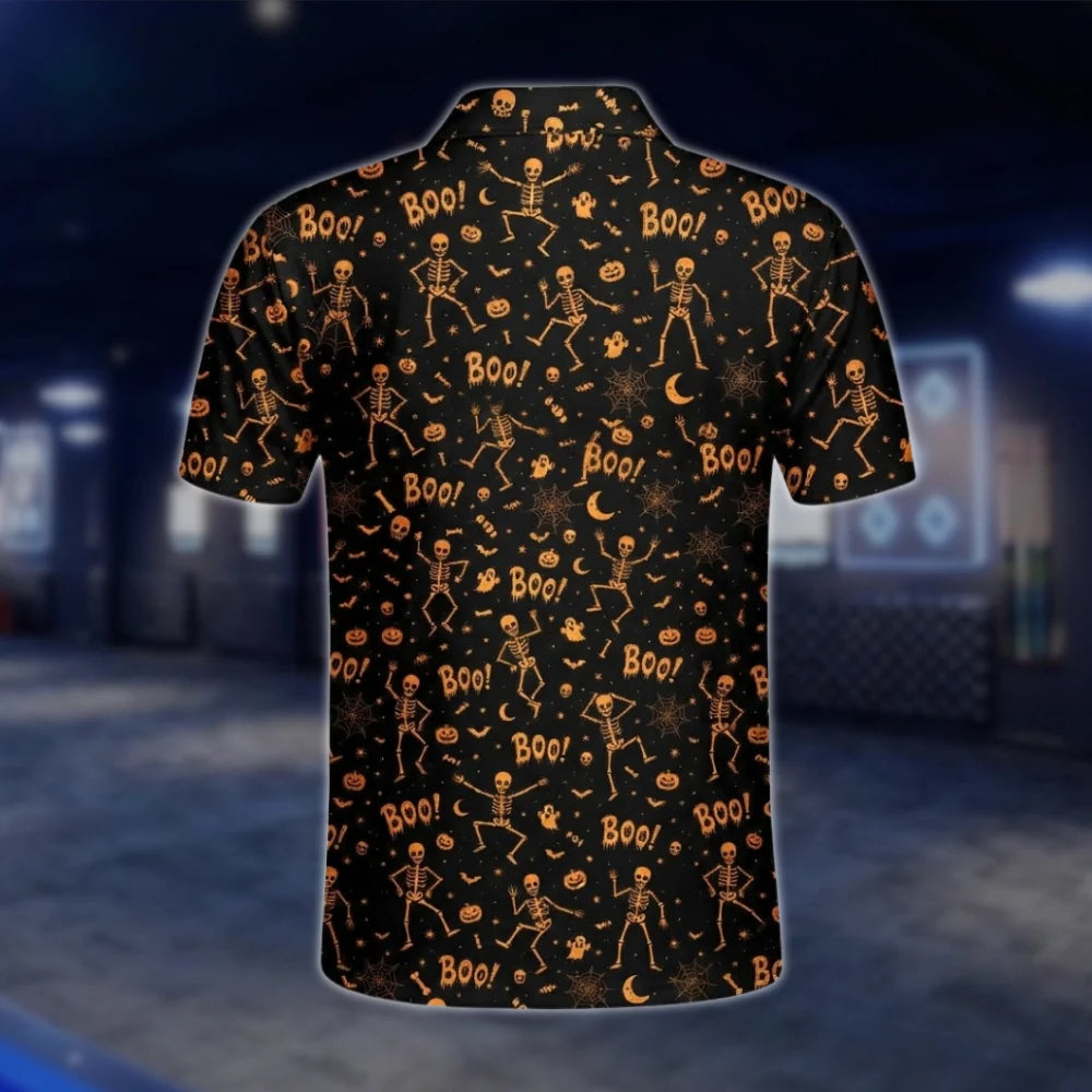 Skeleton Orange Black Halloween Golf Polo Shirt For Men, Halloween Golf Shirt GOF0022