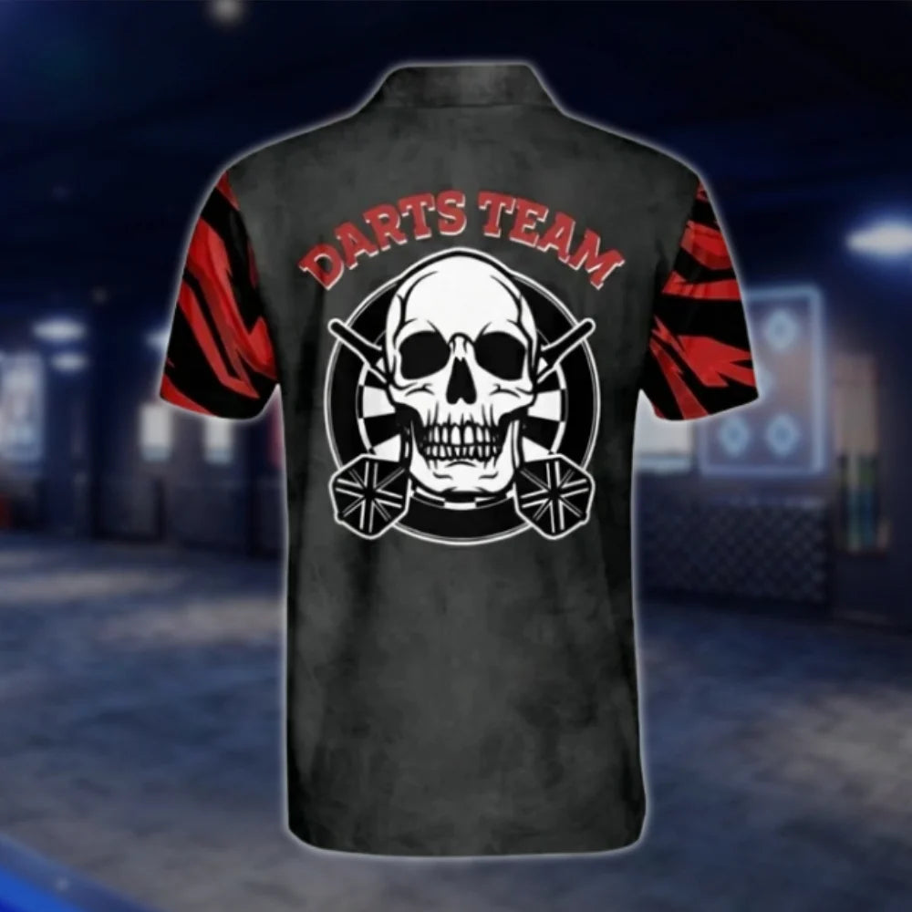 Custom Skull Red And Grey Dart Mens Polo Shirt, Custom Skull Dart Team Shirts DAT0244