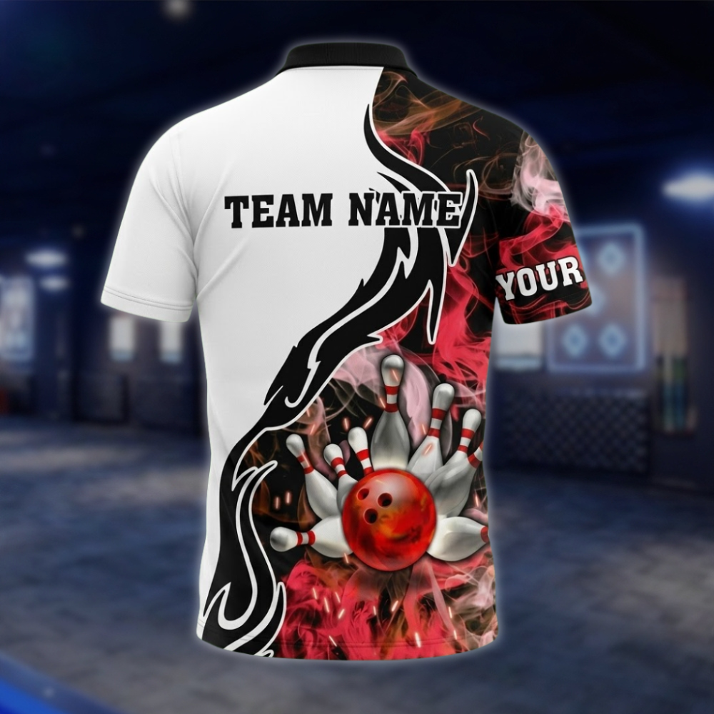 Personalized Flame Smoke Ball Bowling Mens Polo Shirt Red White, Custom Flame Bowling Team Shirt BZ0814 BOW0147