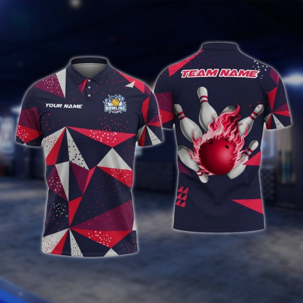 Personalized Geometric Polo Bowling Team Shirts For Men, White And Red Custom Bowling Shirts BZ0732 BOW0187