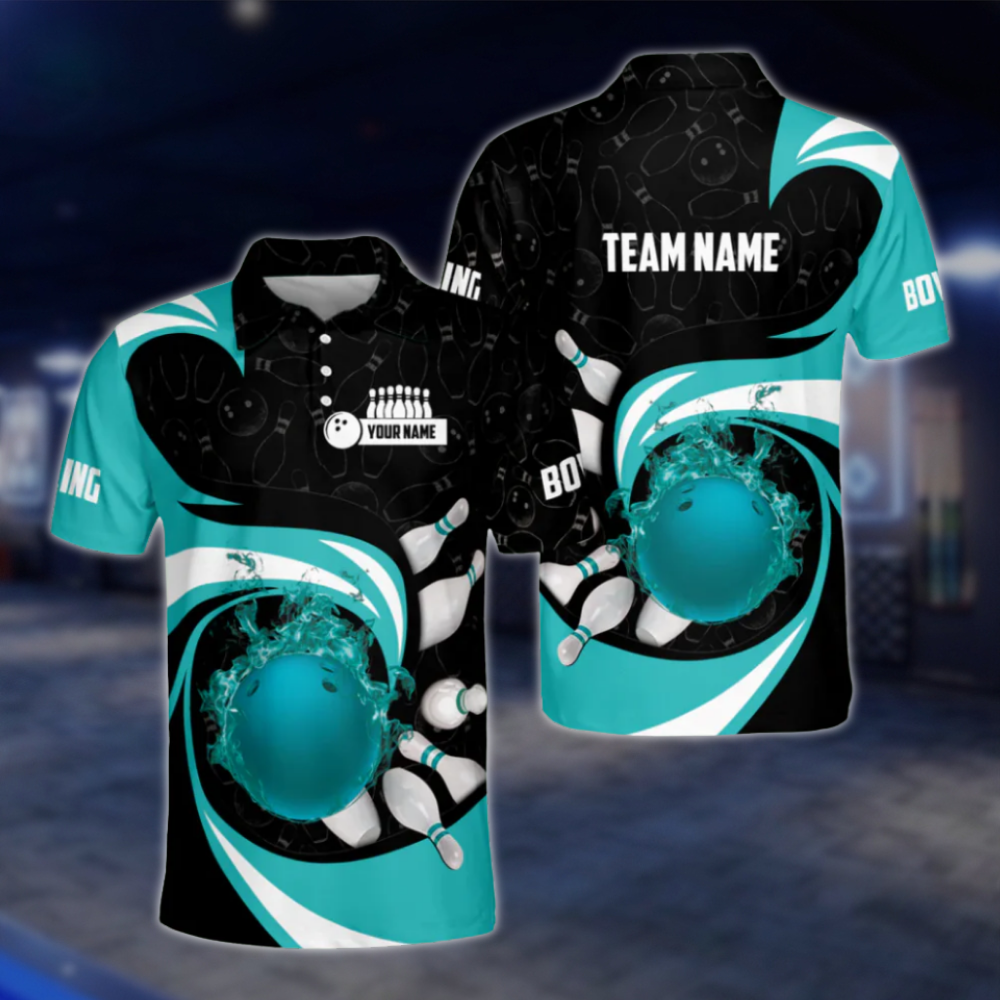 Personalised Blue Flame Ball Polo Bowling Team Shirts Men, Custom Team Flame Bowling Shirt BZ0181 BOW0422