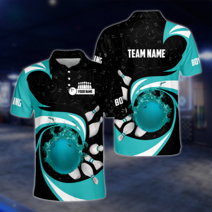 Personalised Blue Flame Ball Polo Bowling Team Shirts Men, Custom Team Flame Bowling Shirt BZ0181 BOW0422