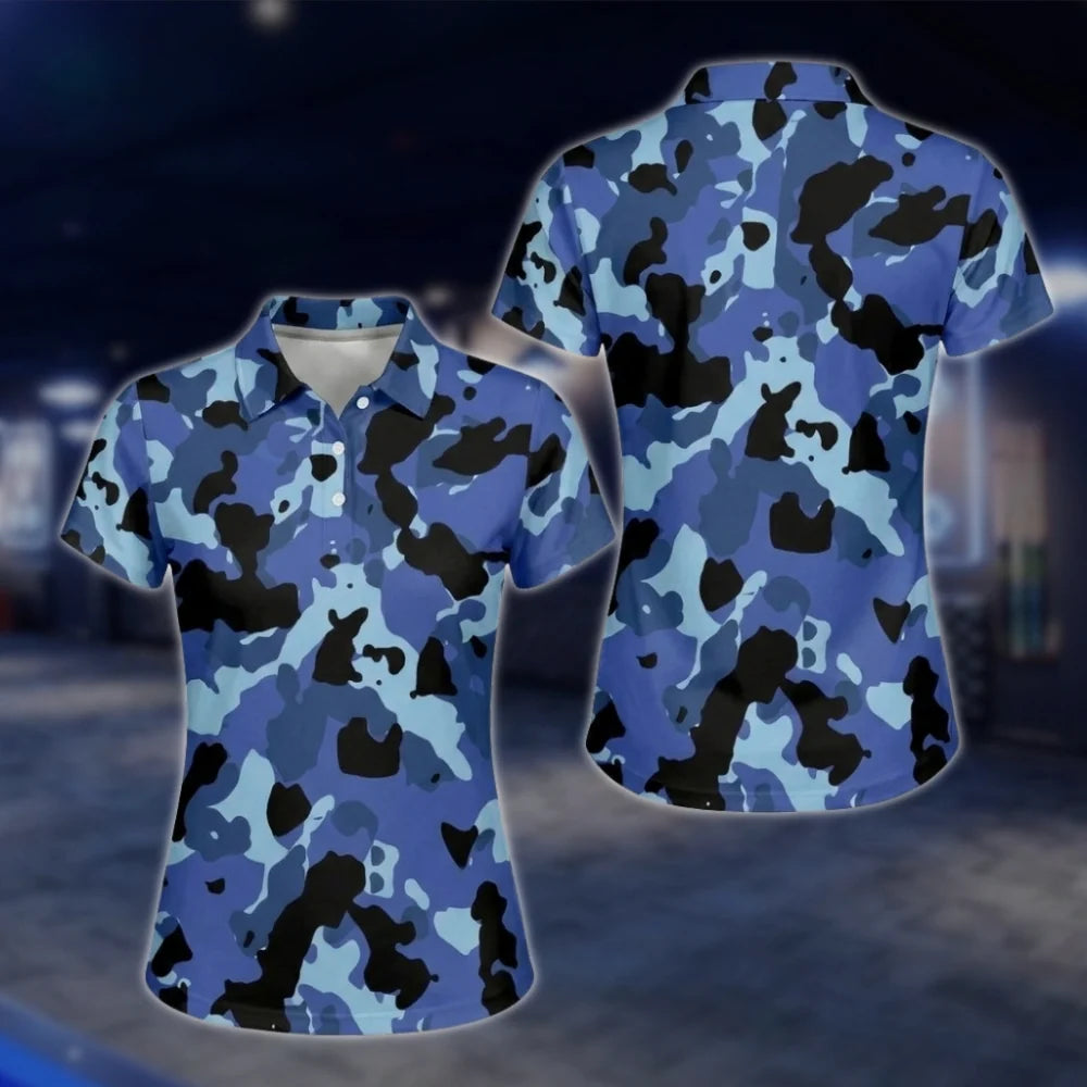 Matching Blue Camo Golf Polo Shirts For Men And Women, Matching Camo His And Her Golf Shirts GOF0175