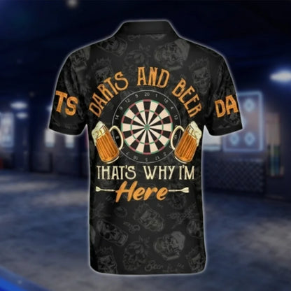 Darts And Beer That's Why I'm Here Custom Mens Skull Dart Polo Shirt, Custom Funny Beer Dart Shirt DAT0447