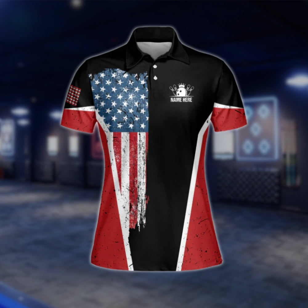 Custom Womens American Flag Bowling Polo Shirt, Red Black Custom Patriotic Ladies Bowling Shirts BW0039 BOW0248
