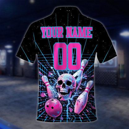 Personalized Skull Pink Black Bowling Polo Shirt For Men, Custom Skull Bowling Team Shirt BE0248 BOW0034