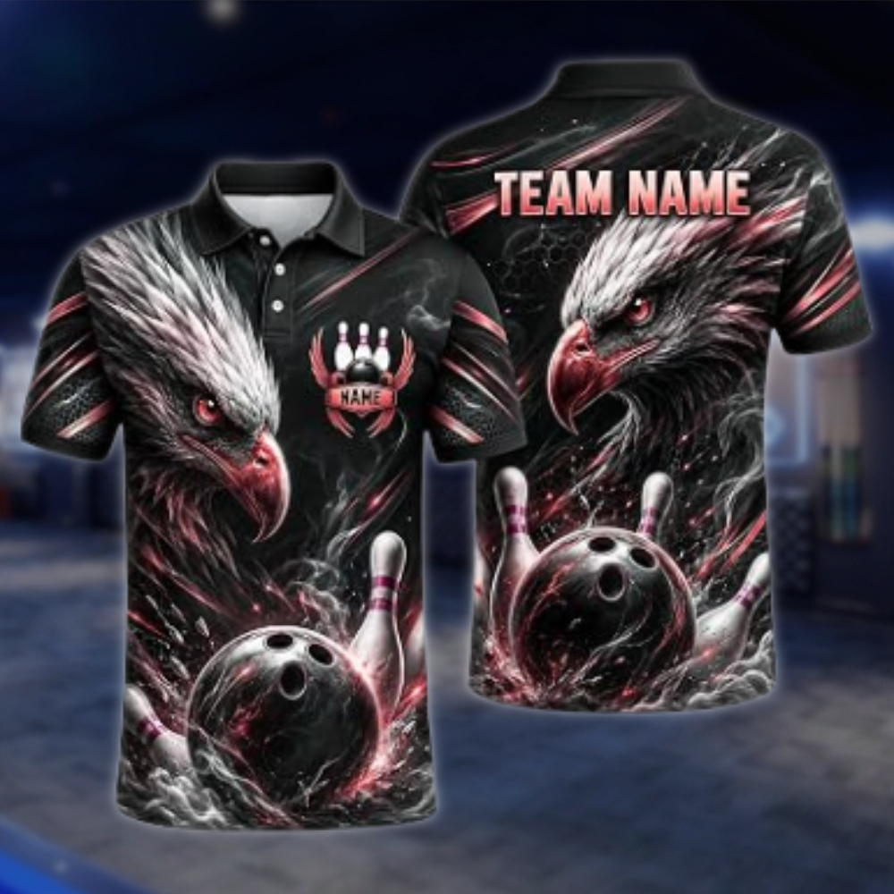 Personalized Eagle Golf Black Men's Bowling Polo Shirt, Custom Eagle Bowling Shirt For Team BZ0871 BOW0075