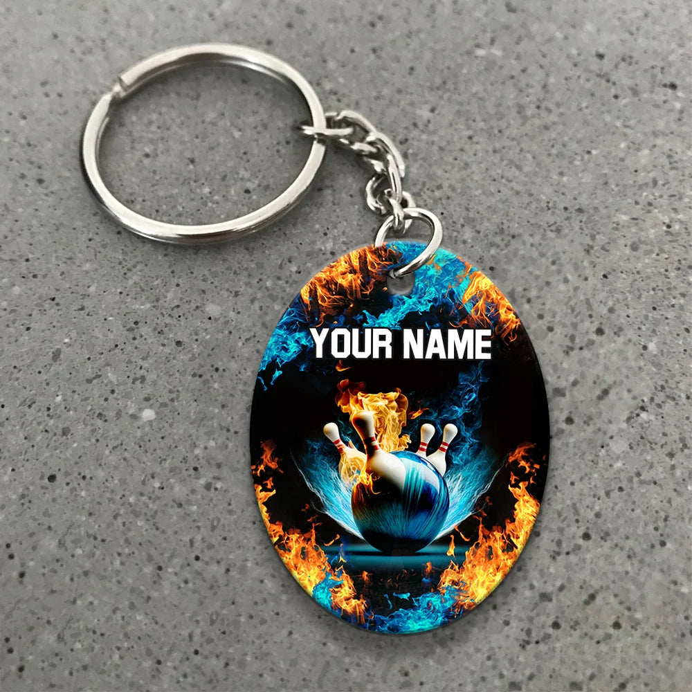 Blue Bowling Ball And Pins On Fire Personalized Name 3D Keychain ORN0178