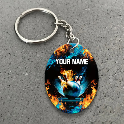 Blue Bowling Ball And Pins On Fire Personalized Name 3D Keychain ORN0178