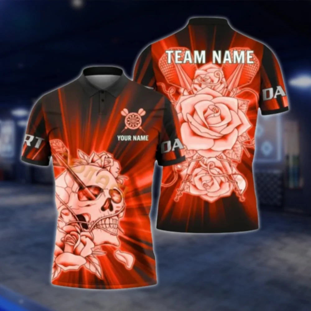 Custom Skull Rose Blue Dart Polo Shirt For Men, Custom Skull Dart Team Shirt DAT0328