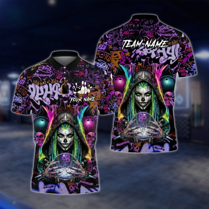 Personalized Cyberpunk Witch Skeleton Graffiti Bowling Mens Polo Shirt, Custom Skull Bowling Team Shirt BZ0794 BOW0113