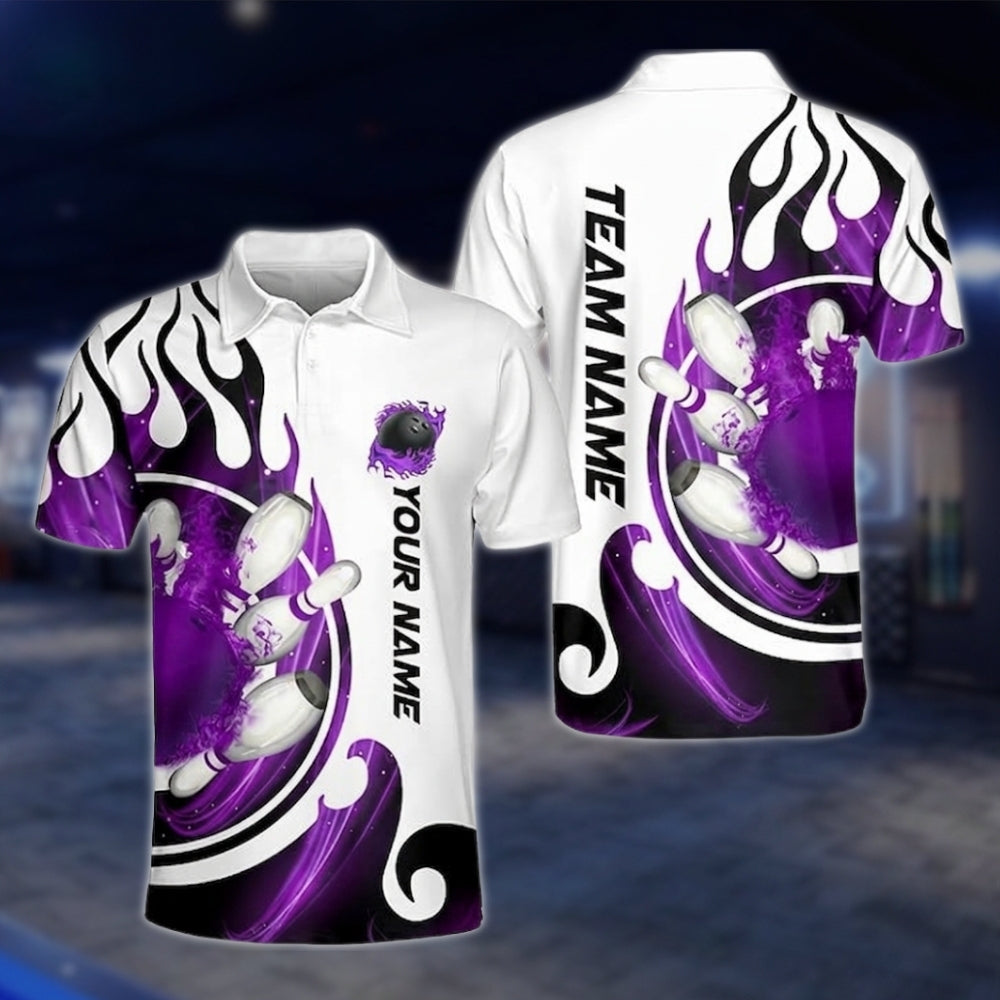 Flame Custom Blue And White Bowling Polo Shirt Mens, Custom Flame Bowling Team Shirts BZ0173 BOW0493