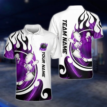 Flame Custom Blue And White Bowling Polo Shirt Mens, Custom Flame Bowling Team Shirts BZ0173 BOW0493