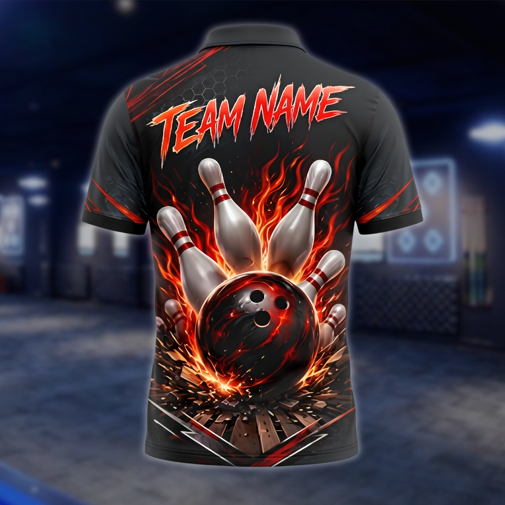 Personalized Flaming Red Black Bowling Polo Shirt For Men, Custom Flame Bowling Team Shirt BZ0916 BOW0010